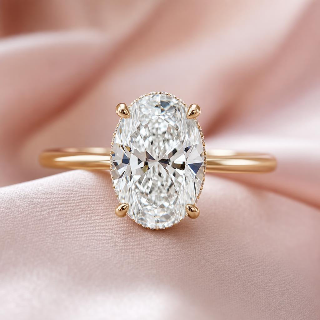 Oval Solitaire with Hidden Halo, 3 ct — Yellow Gold