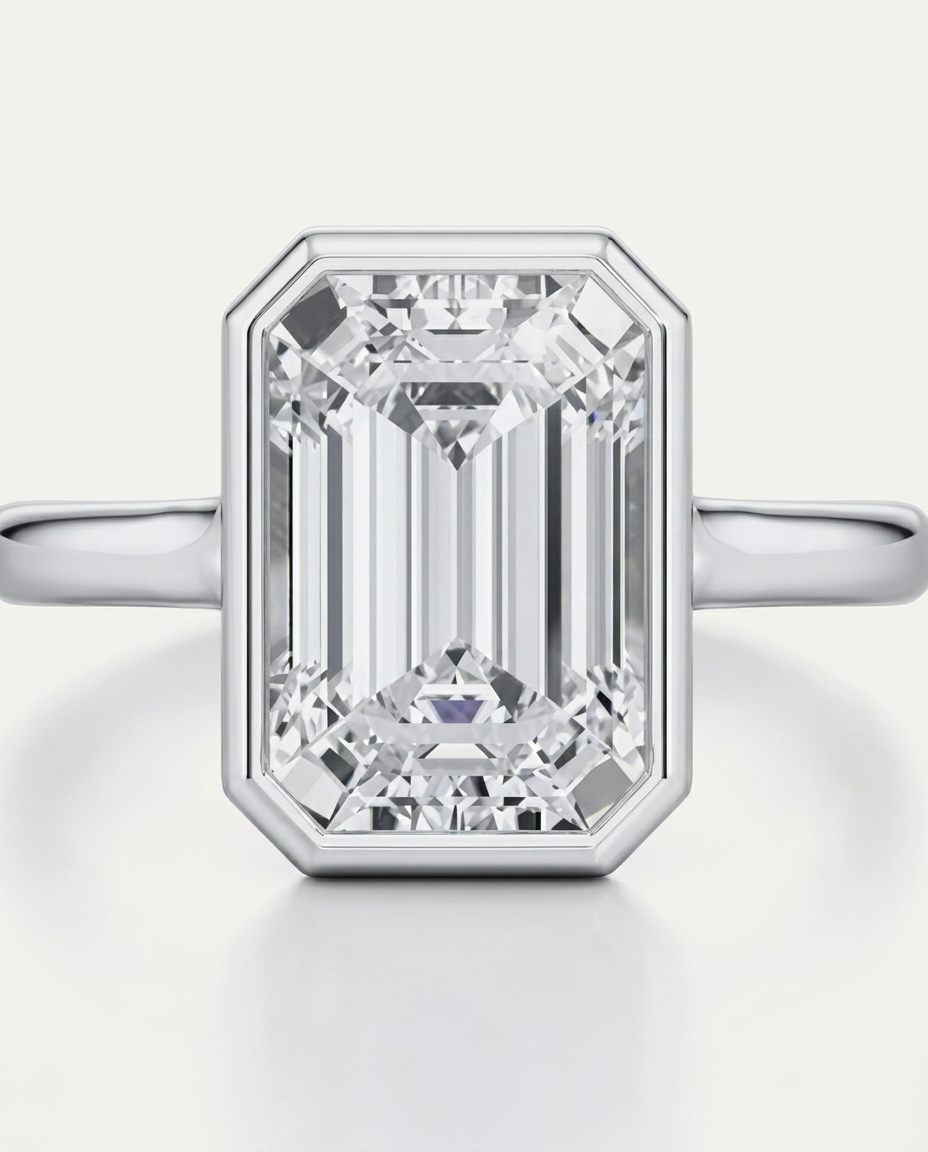 Emerald-Cut Bezel Solitaire, 4.2 ct — White Gold