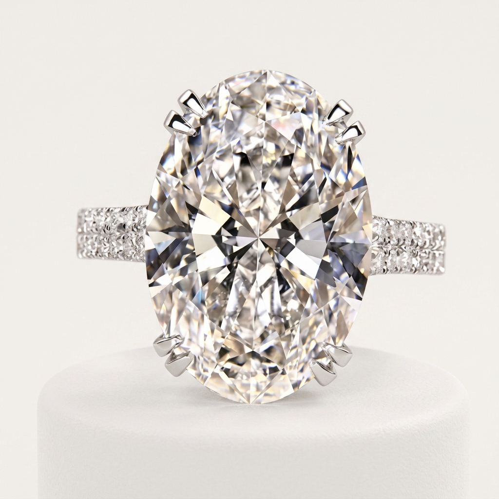Elongated Oval Solitaire with Pavé Band, 5.0 ct — White Gold