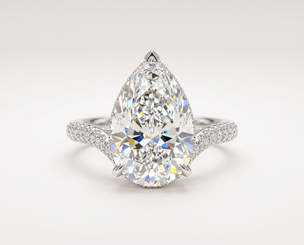 Pear Solitaire with Pavé Band, 4.5 ct — White Gold