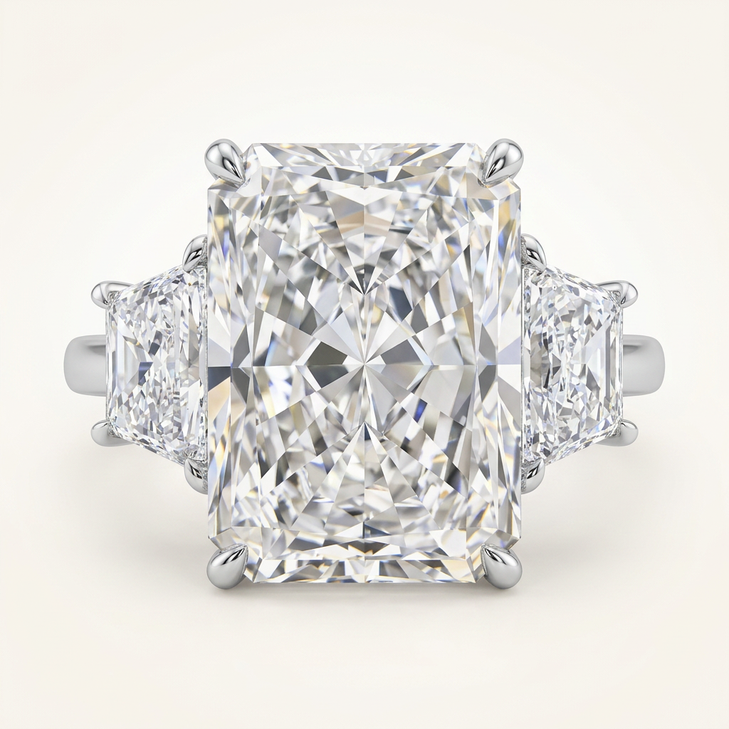 Radiant Three-Stone with Trapezoid Sides, 5.1 ct — Platinum