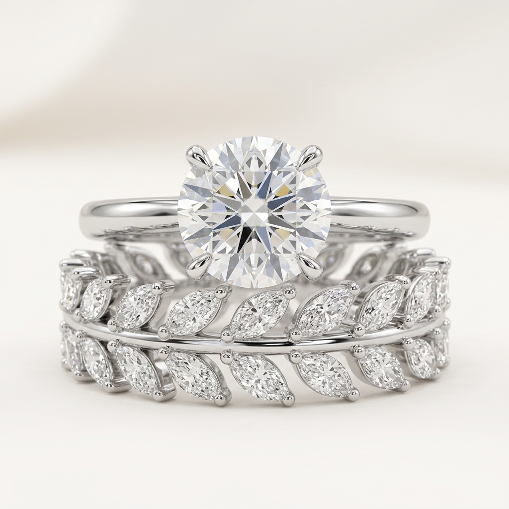 Round Solitaire with Marquise Eternity Band — White Gold